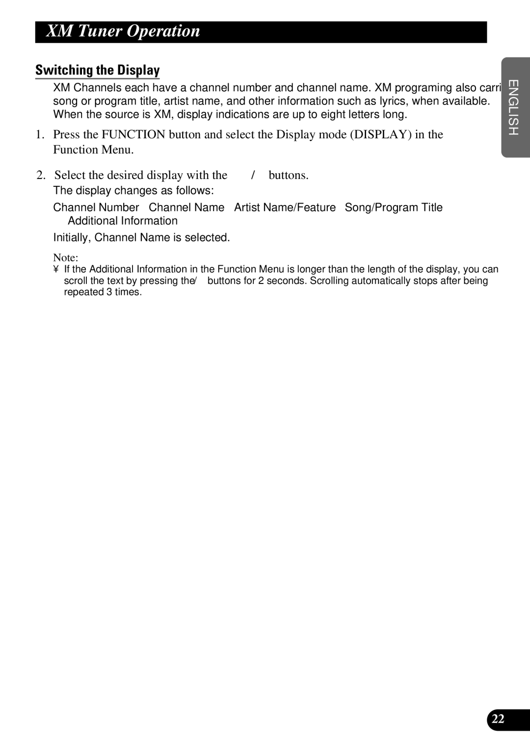 Pioneer P3370XM operation manual XM Tuner Operation, Switching the Display 