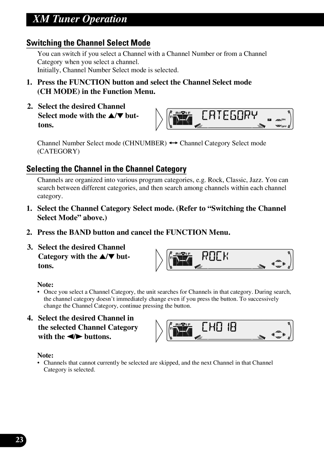 Pioneer P3370XM operation manual Switching the Channel Select Mode, Selecting the Channel in the Channel Category 