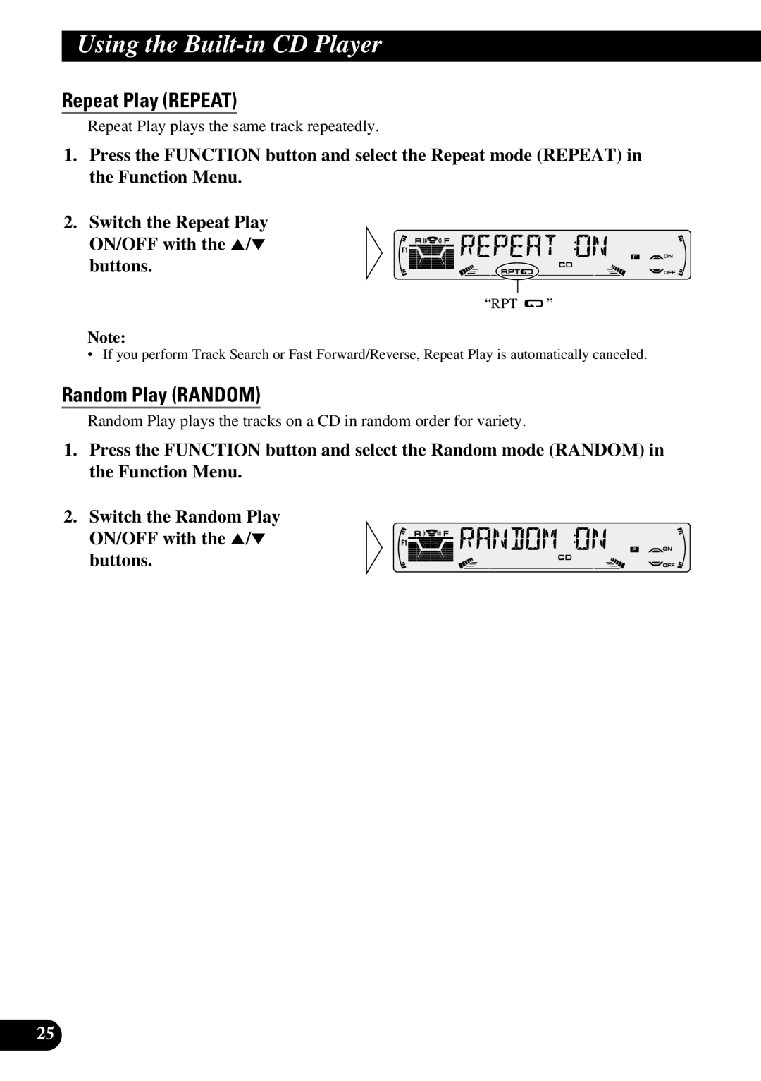 Pioneer P3370XM operation manual Using the Built-in CD Player, Repeat Play Repeat, Random Play Random 