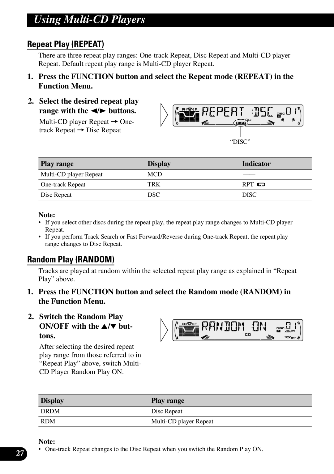 Pioneer P3370XM operation manual Using Multi-CD Players, Multi-CD player Repeat = One- track Repeat = Disc Repeat 