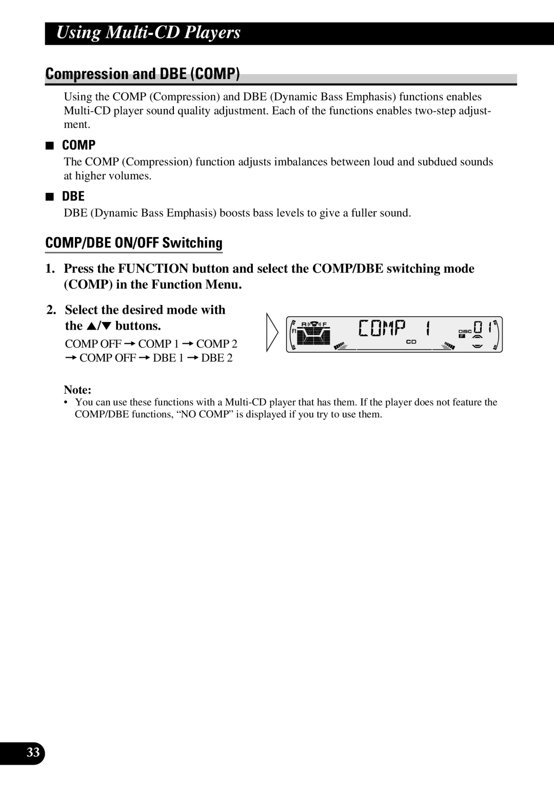 Pioneer P3370XM operation manual Compression and DBE Comp, COMP/DBE ON/OFF Switching 