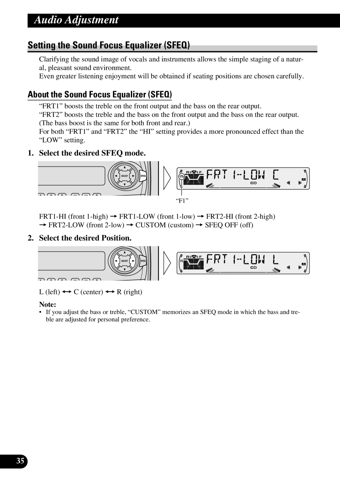 Pioneer P3370XM Audio Adjustment, Setting the Sound Focus Equalizer Sfeq, About the Sound Focus Equalizer Sfeq 