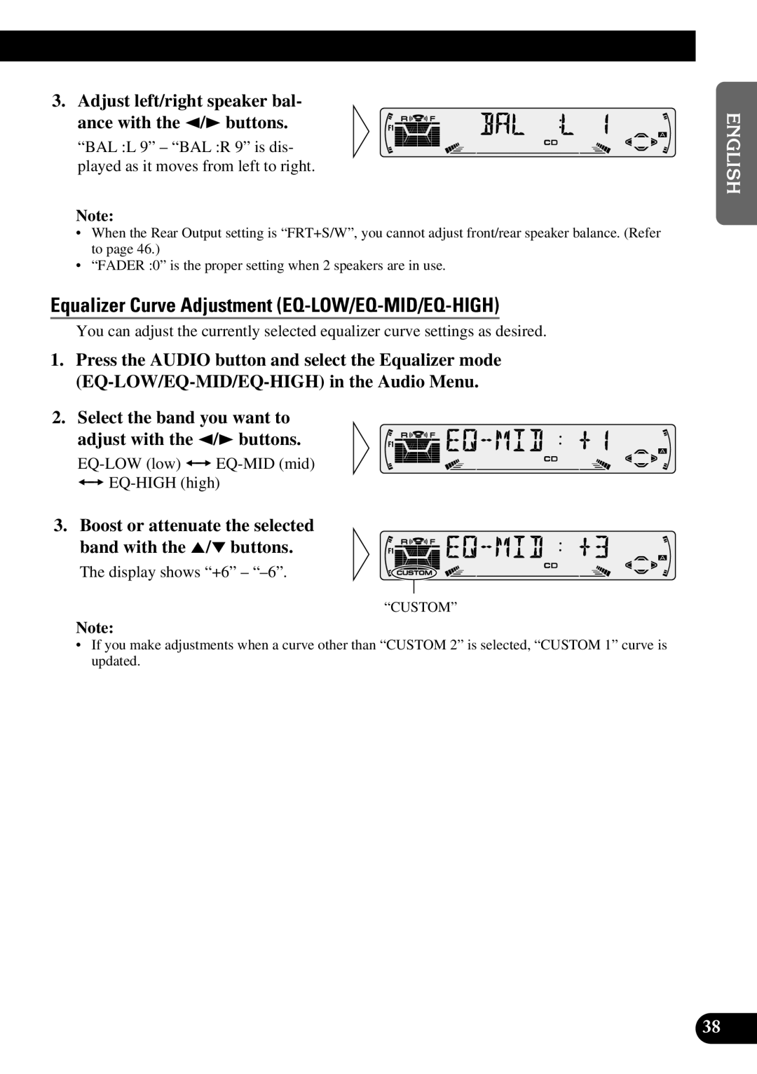 Pioneer P3370XM Equalizer Curve Adjustment EQ-LOW/EQ-MID/EQ-HIGH, Adjust left/right speaker bal- ance with the 2/3 buttons 