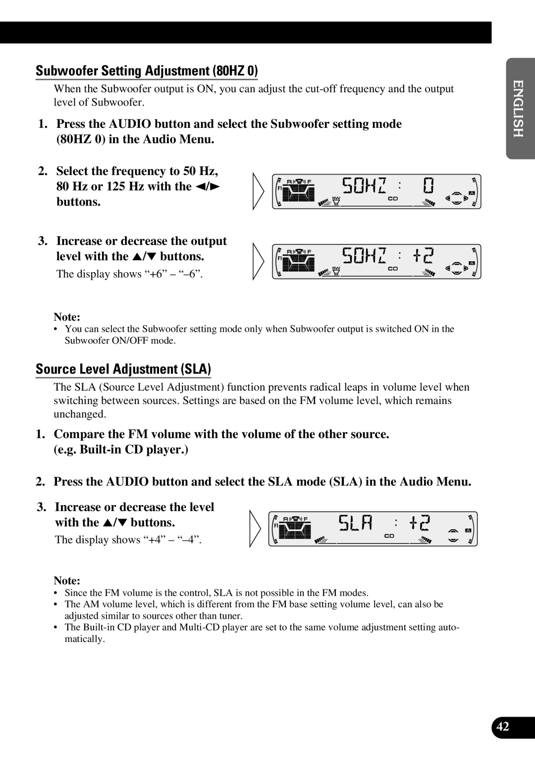 Pioneer P3370XM operation manual Subwoofer Setting Adjustment 80HZ, Source Level Adjustment SLA, Display shows +4 