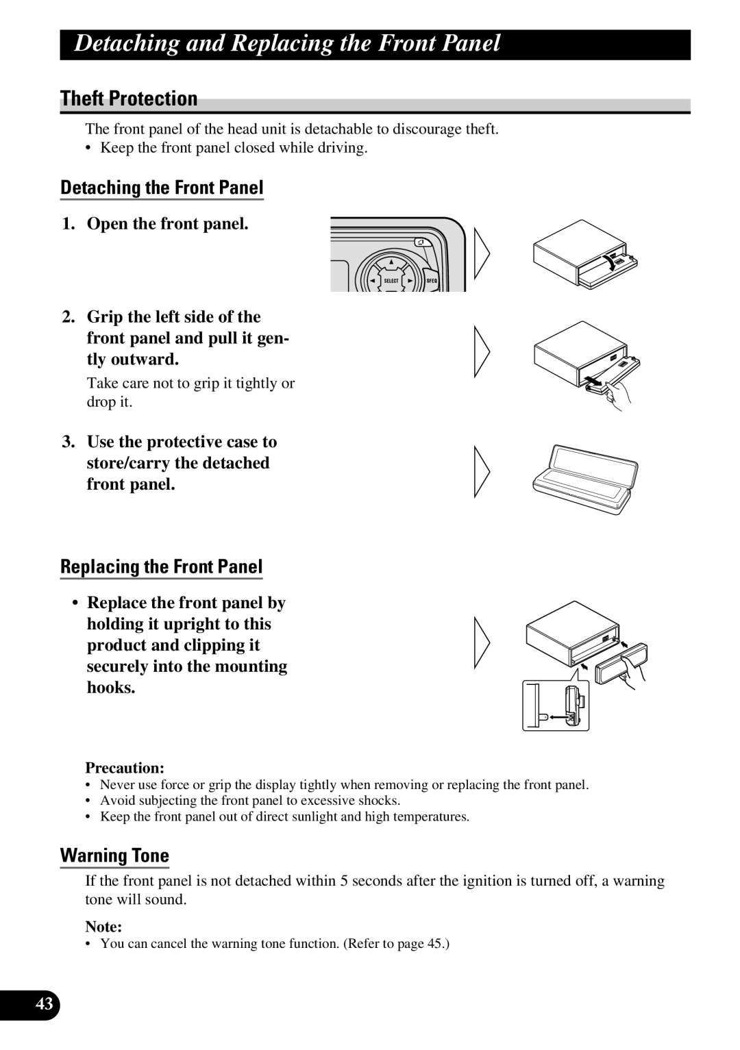 Pioneer P3370XM operation manual Detaching and Replacing the Front Panel, Theft Protection, Detaching the Front Panel 