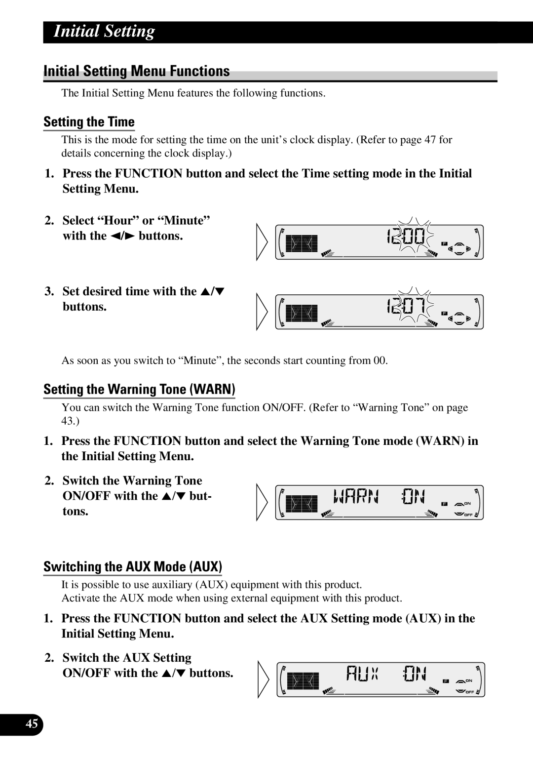 Pioneer P3370XM operation manual Initial Setting Menu Functions, Setting the Time, Setting the Warning Tone Warn 