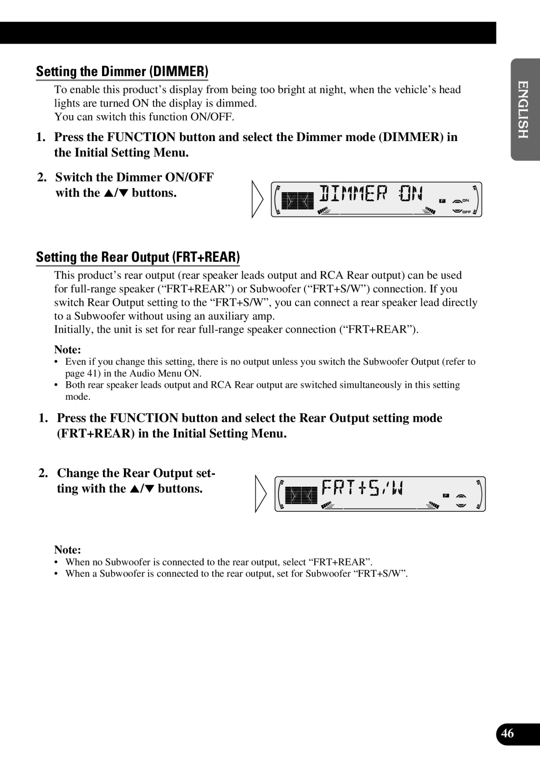 Pioneer P3370XM operation manual Setting the Dimmer Dimmer, Setting the Rear Output FRT+REAR 