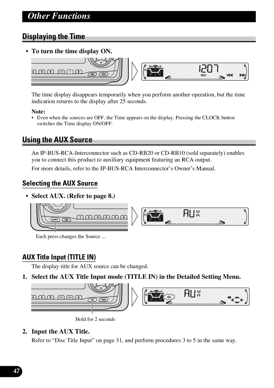 Pioneer P3370XM operation manual Other Functions, Displaying the Time, Using the AUX Source, Selecting the AUX Source 