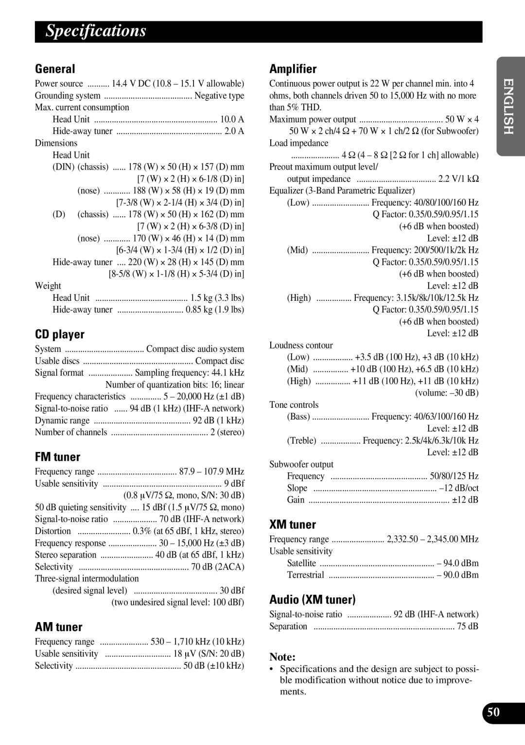 Pioneer P3370XM operation manual Specifications 