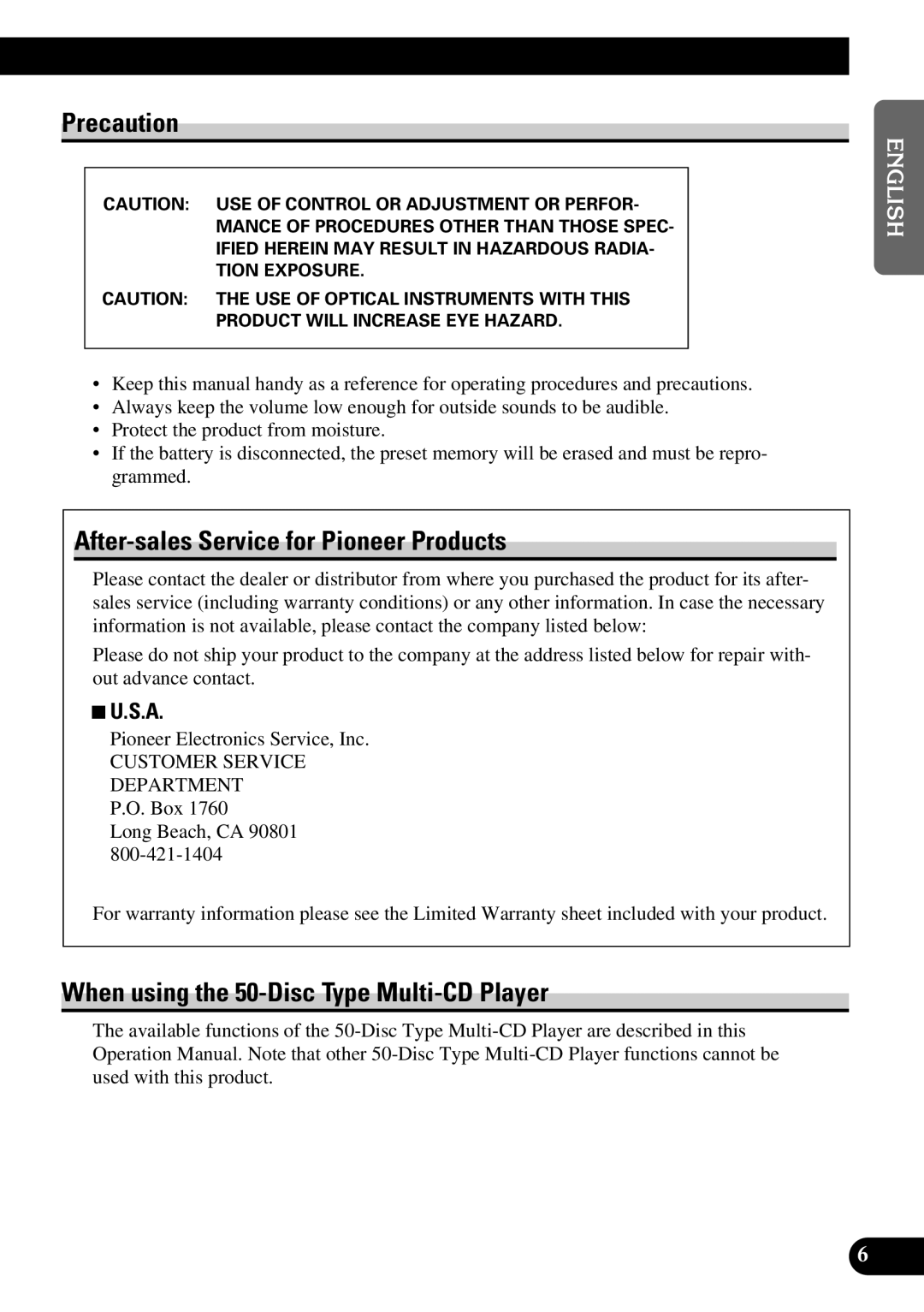 Pioneer P3370XM Precaution, After-sales Service for Pioneer Products, When using the 50-Disc Type Multi-CD Player, S.A 