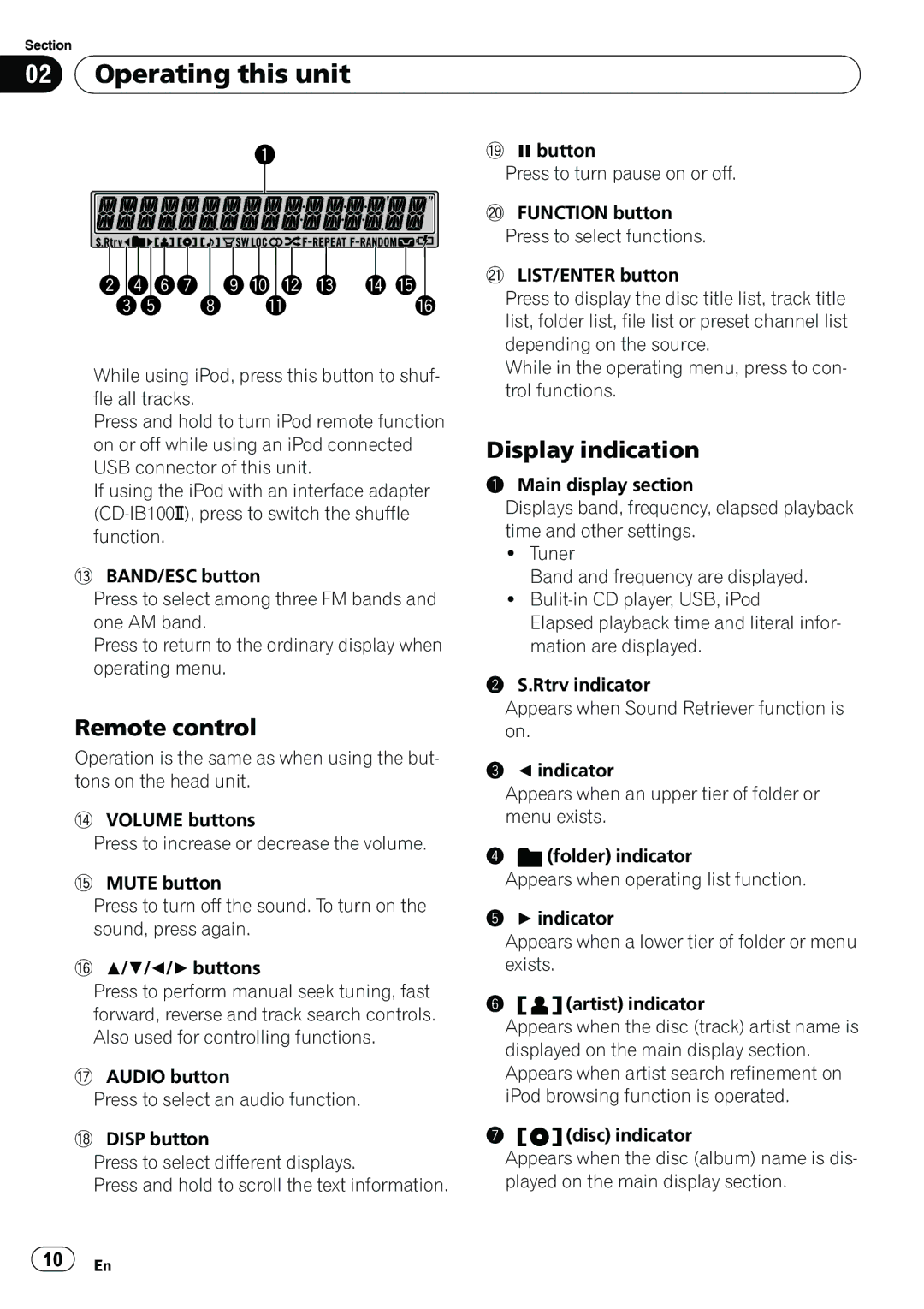 Pioneer P4000UB operation manual Remote control, Display indication 