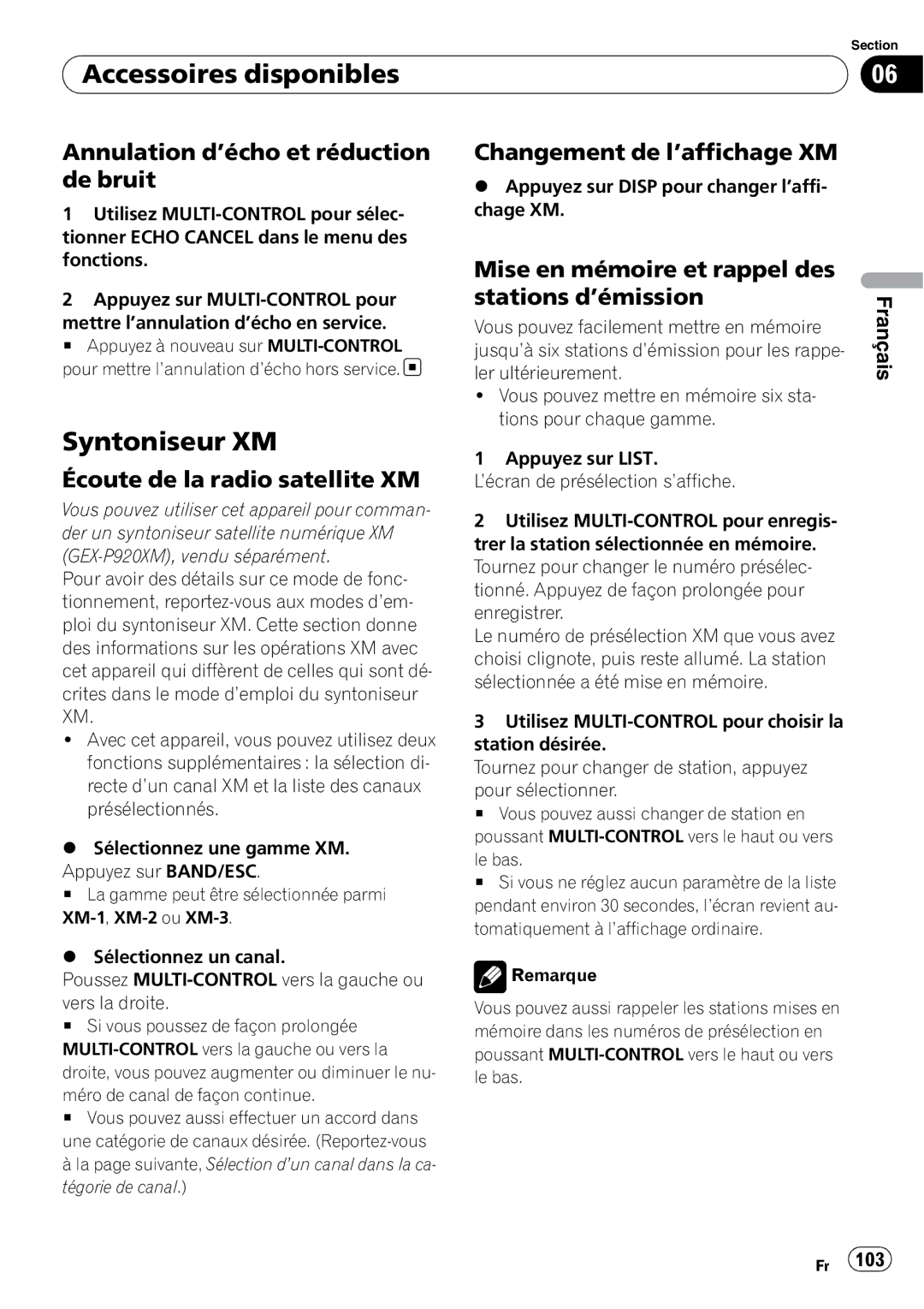 Pioneer P4000UB operation manual Syntoniseur XM, Annulation d’écho et réduction de bruit, Écoute de la radio satellite XM 