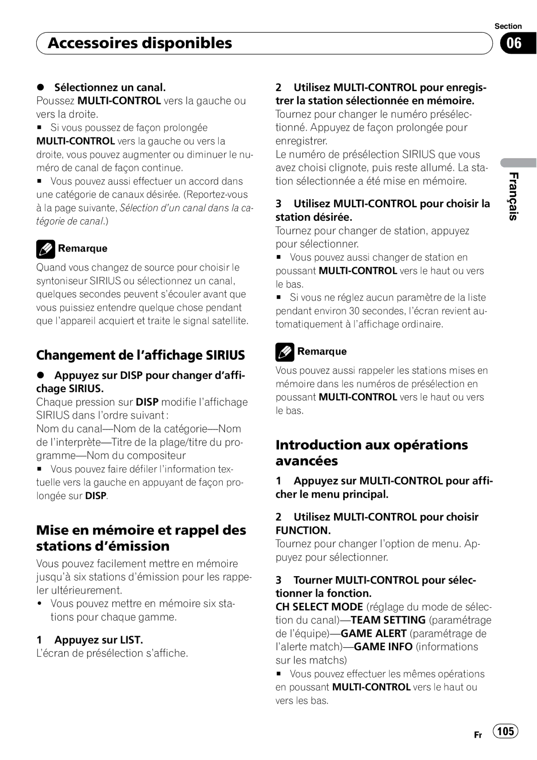 Pioneer P4000UB operation manual Changement de l’affichage Sirius, Introduction aux opérations avancées 