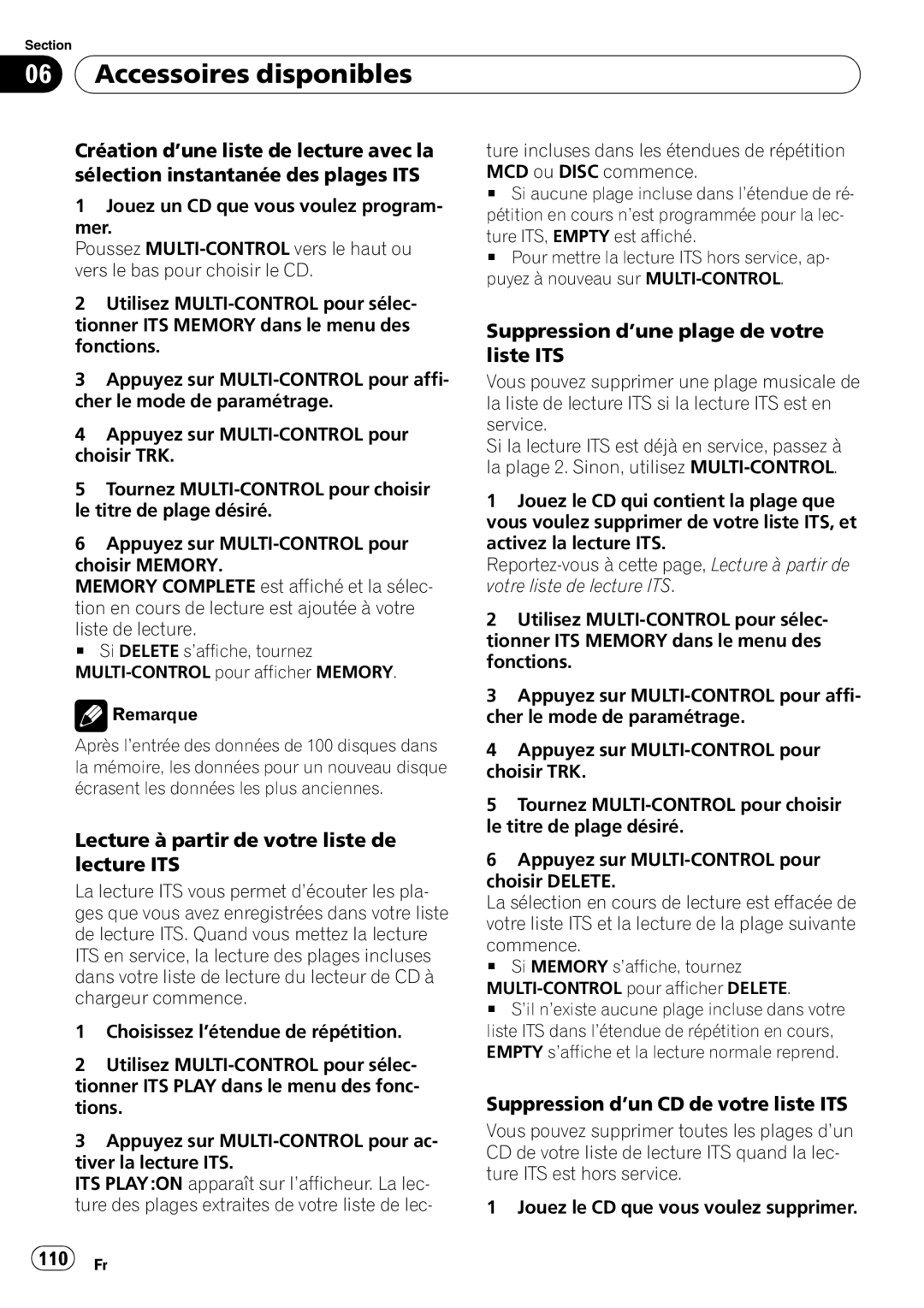 Pioneer P4000UB Lecture à partir de votre liste de lecture ITS, 110 Fr, Suppression d’une plage de votre liste ITS 