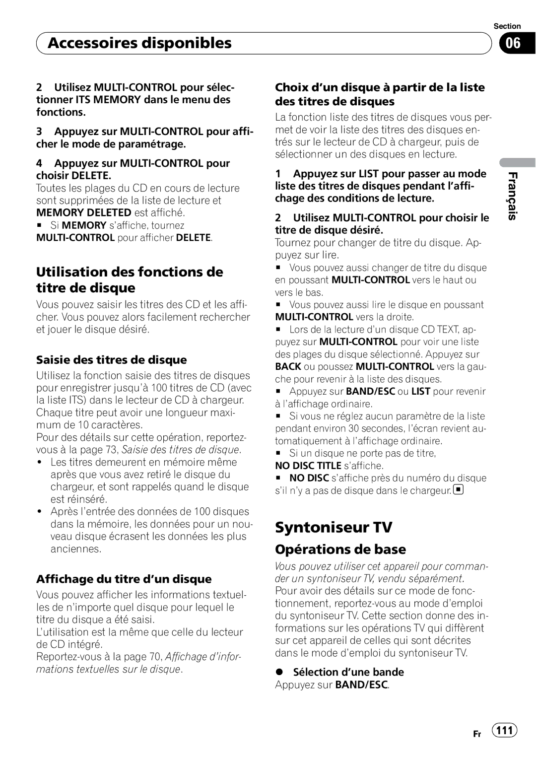 Pioneer P4000UB operation manual Syntoniseur TV, Affichage du titre d’un disque, Sélection d’une bande Appuyez sur BAND/ESC 