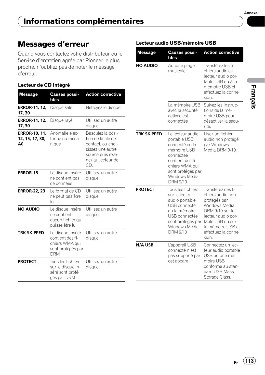 Pioneer P4000UB Informations complémentaires Messages d’erreur, Message Causes possi Action corrective Bles 