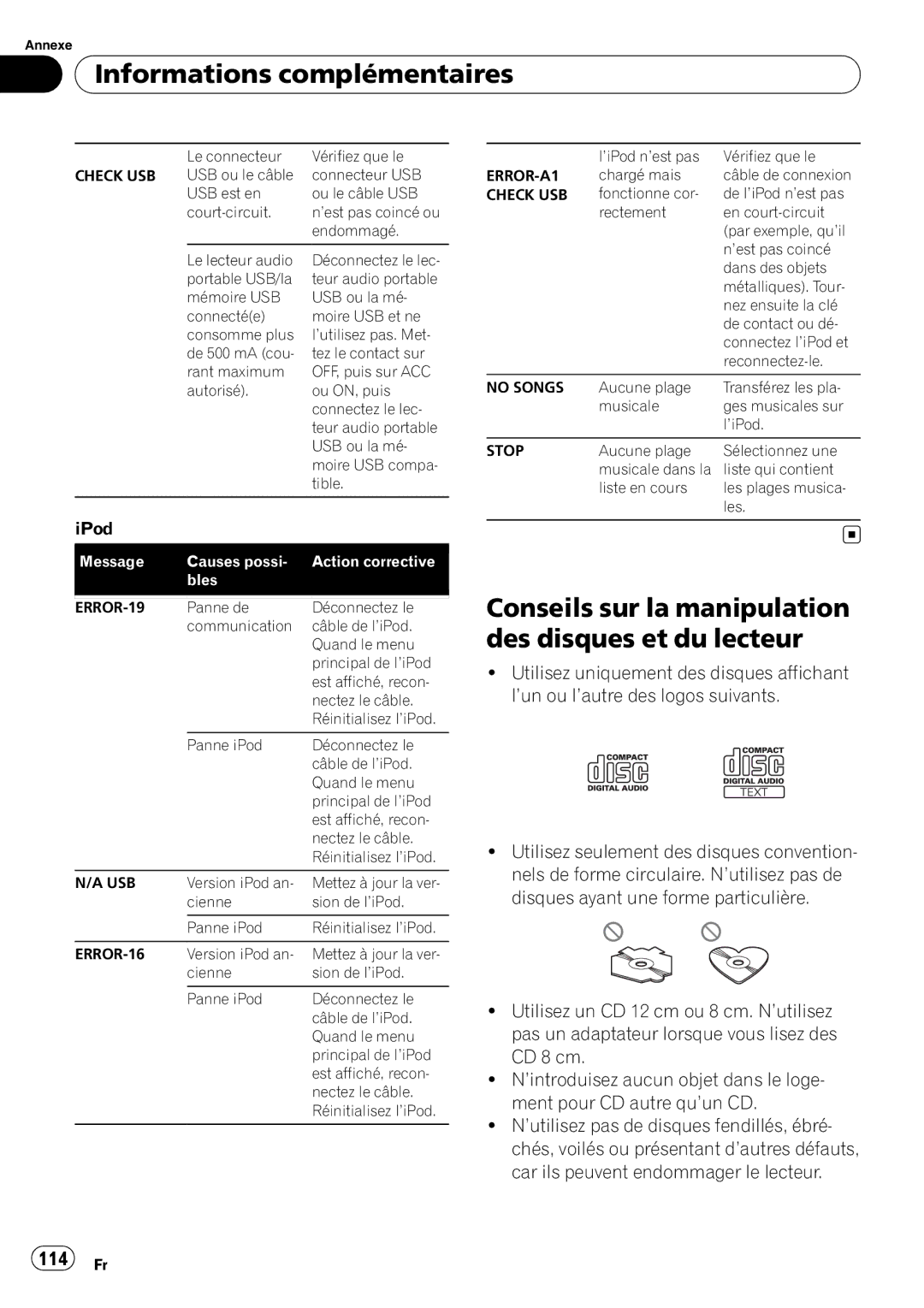 Pioneer P4000UB Informations complémentaires, Conseils sur la manipulation des disques et du lecteur, 114 Fr 