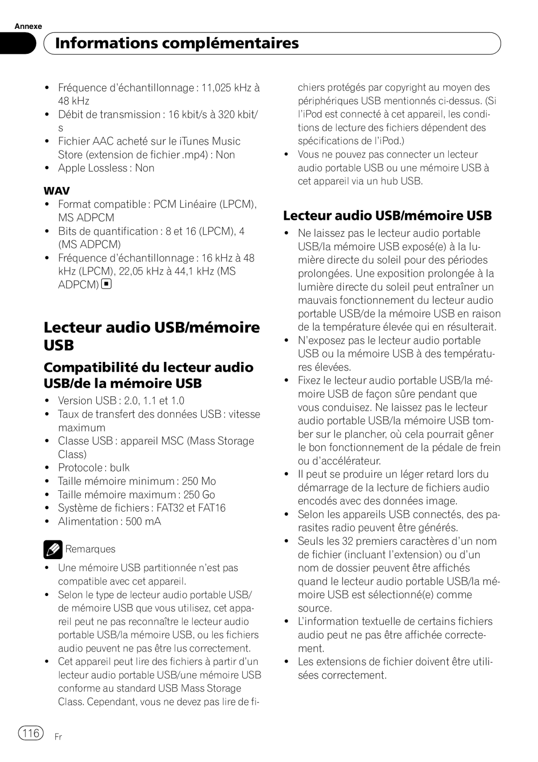 Pioneer P4000UB operation manual Lecteur audio USB/mémoire, Compatibilité du lecteur audio USB/de la mémoire USB, 116 Fr 