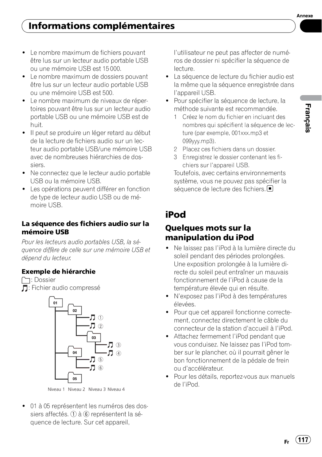 Pioneer P4000UB Quelques mots sur la manipulation du iPod, La séquence des fichiers audio sur la mémoire USB 