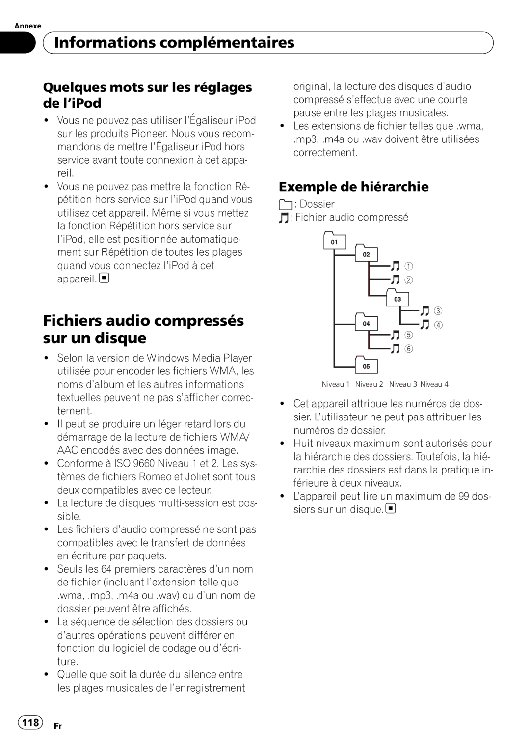 Pioneer P4000UB Fichiers audio compressés sur un disque, Quelques mots sur les réglages de l’iPod, Exemple de hiérarchie 