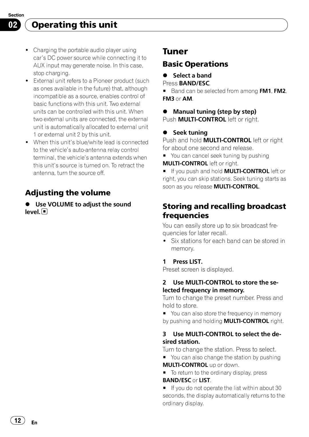 Pioneer P4000UB operation manual Tuner, Basic Operations, Adjusting the volume, Storing and recalling broadcast frequencies 