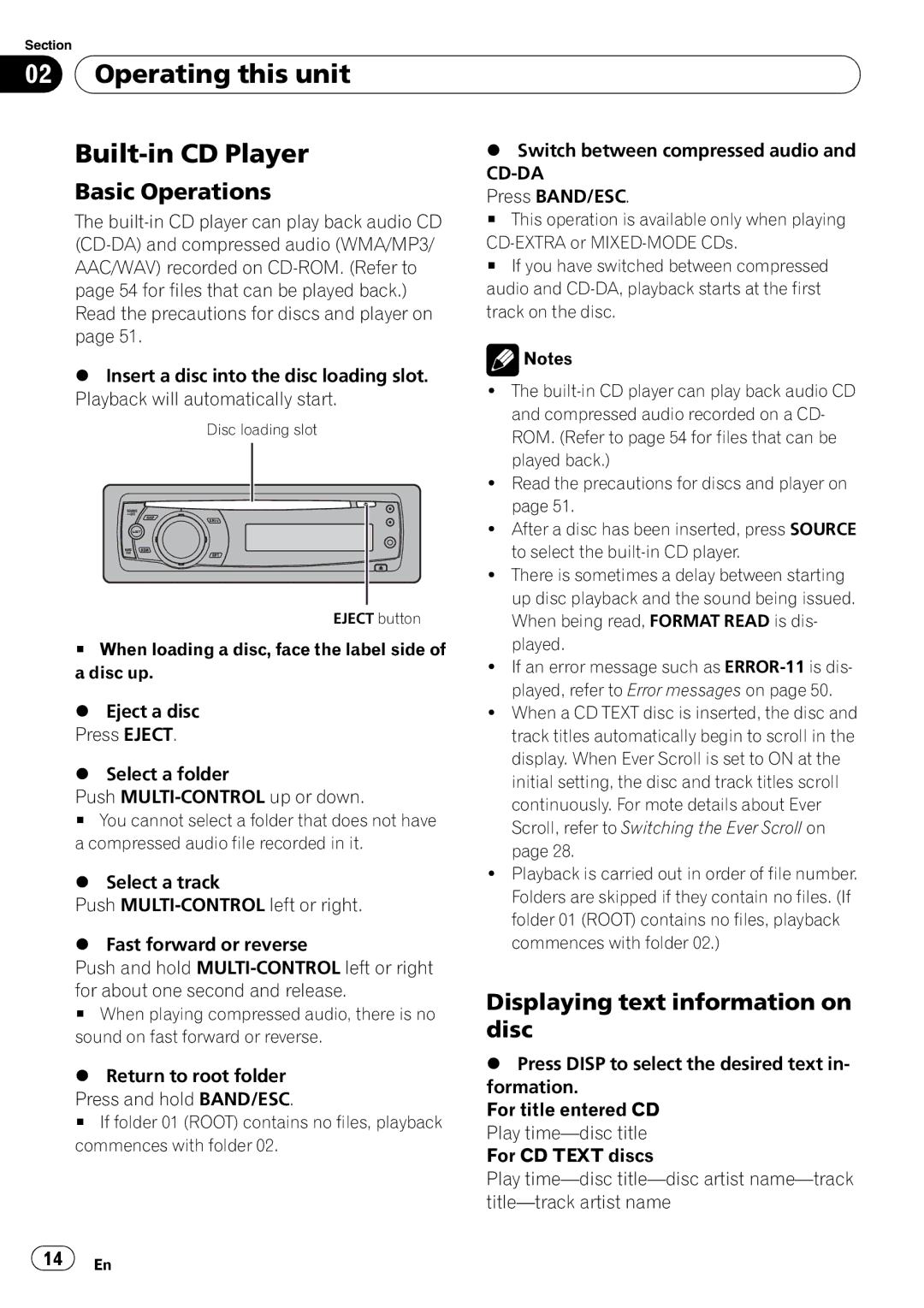 Pioneer P4000UB operation manual Operating this unit Built-in CD Player, Displaying text information on, Disc, Cd-Da 