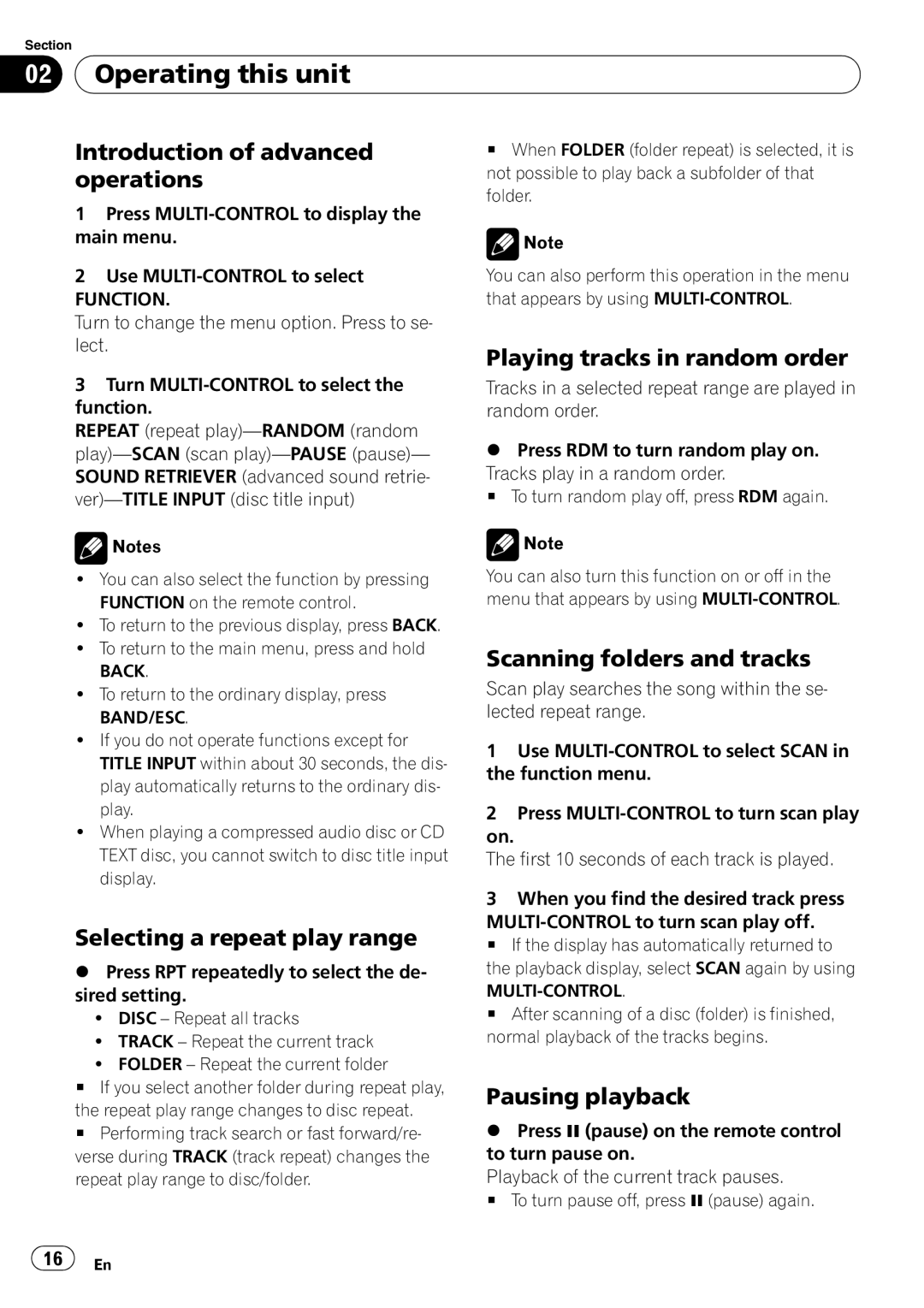 Pioneer P4000UB operation manual Playing tracks in random order, Selecting a repeat play range, Scanning folders and tracks 