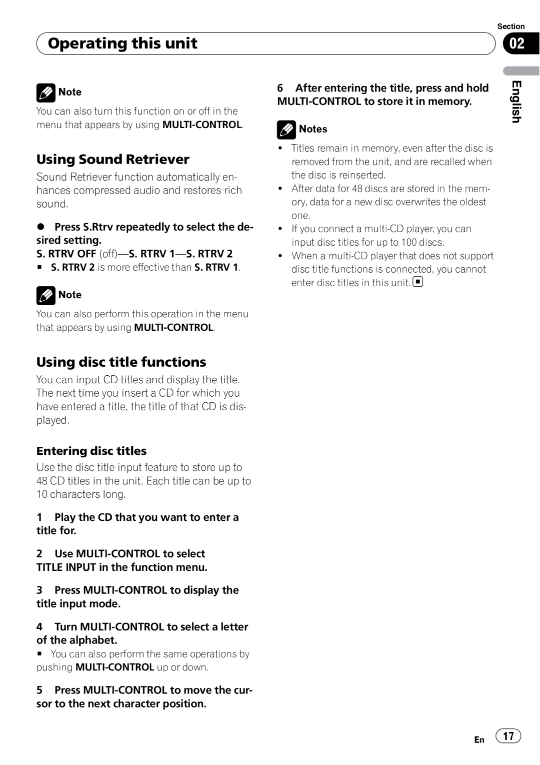 Pioneer P4000UB operation manual Using Sound Retriever, Using disc title functions, Entering disc titles 