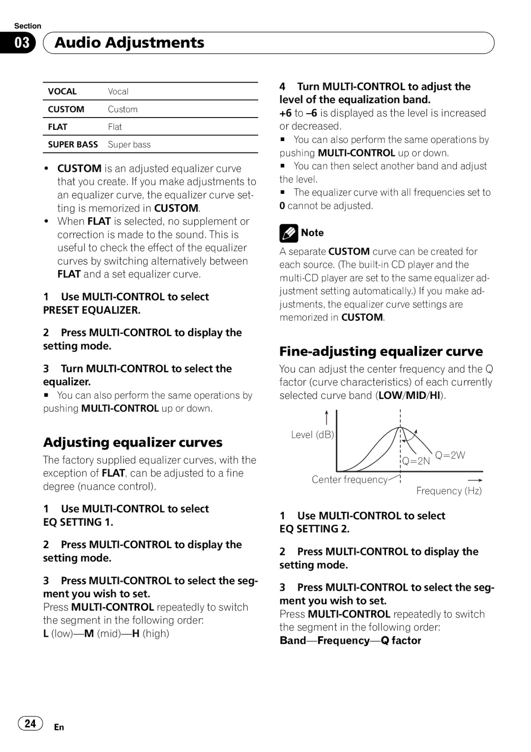 Pioneer P4000UB Audio Adjustments, Adjusting equalizer curves, Fine-adjusting equalizer curve, Preset Equalizer 