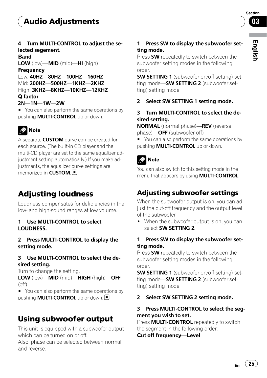 Pioneer P4000UB operation manual Adjusting loudness, Using subwoofer output, Adjusting subwoofer settings, Loudness 