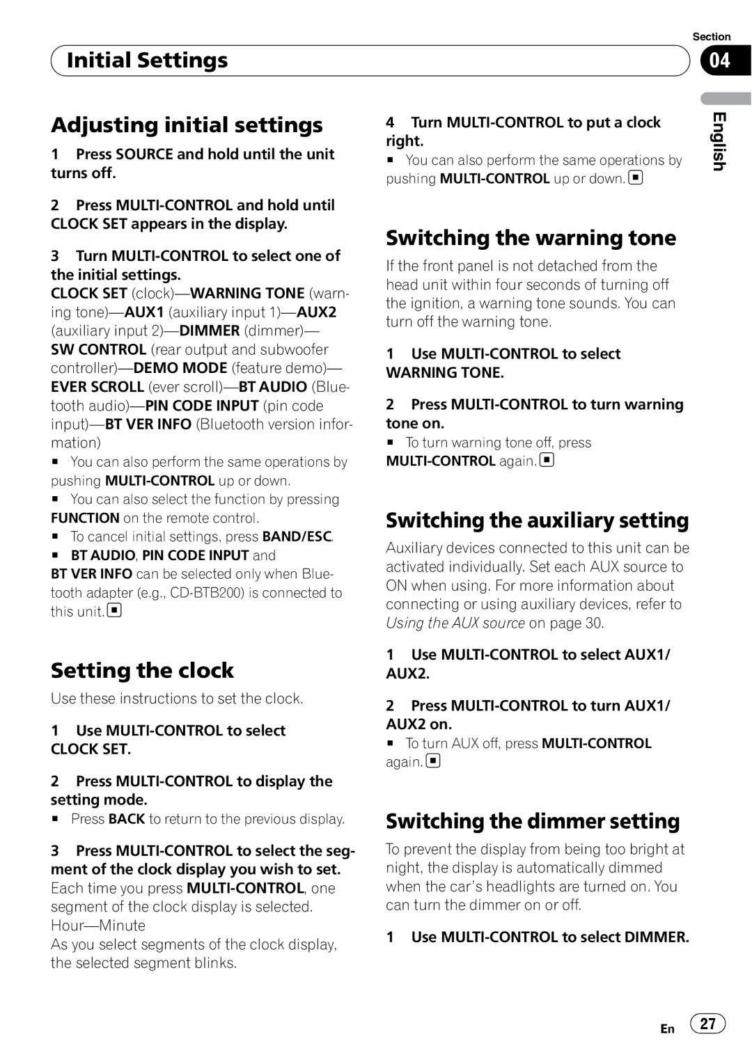 Pioneer P4000UB operation manual Initial Settings Adjusting initial settings, Switching the warning tone, Setting the clock 