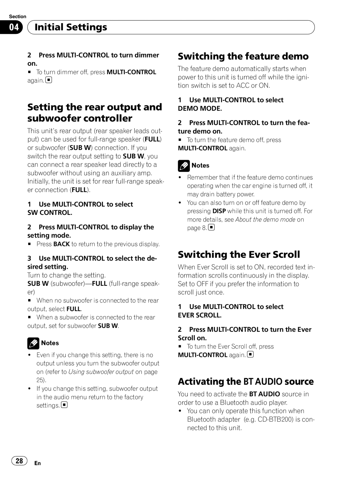 Pioneer P4000UB Initial Settings, Switching the feature demo, Setting the rear output, Subwoofer controller 