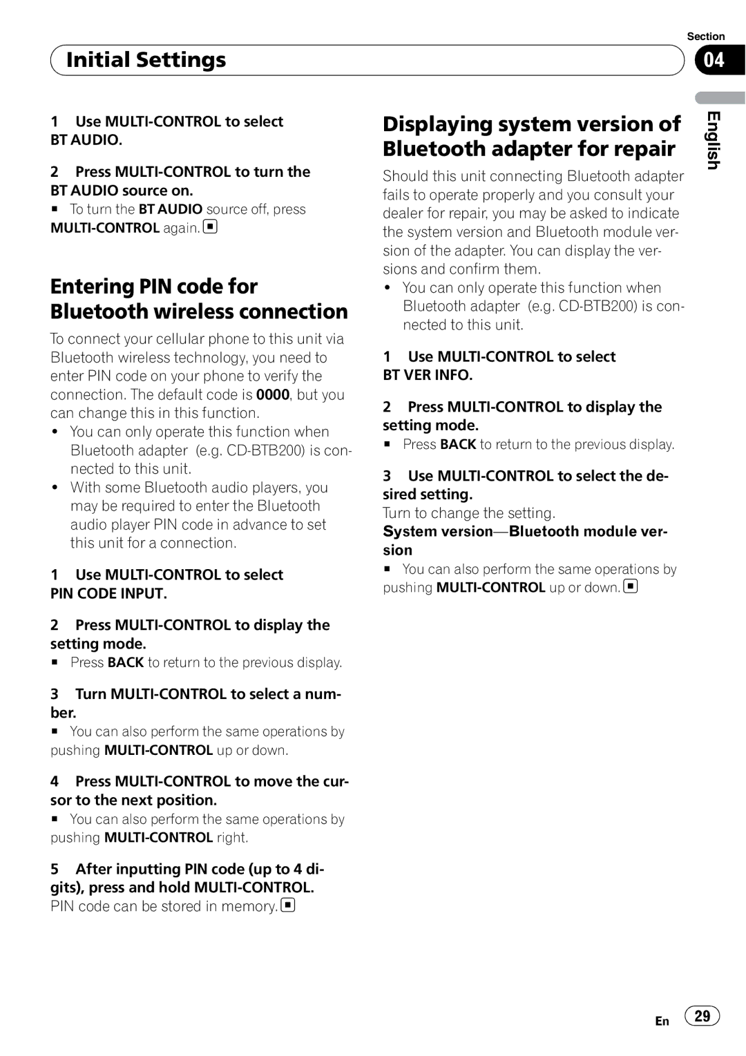 Pioneer P4000UB operation manual Displaying system version, Bluetooth adapter for repair 