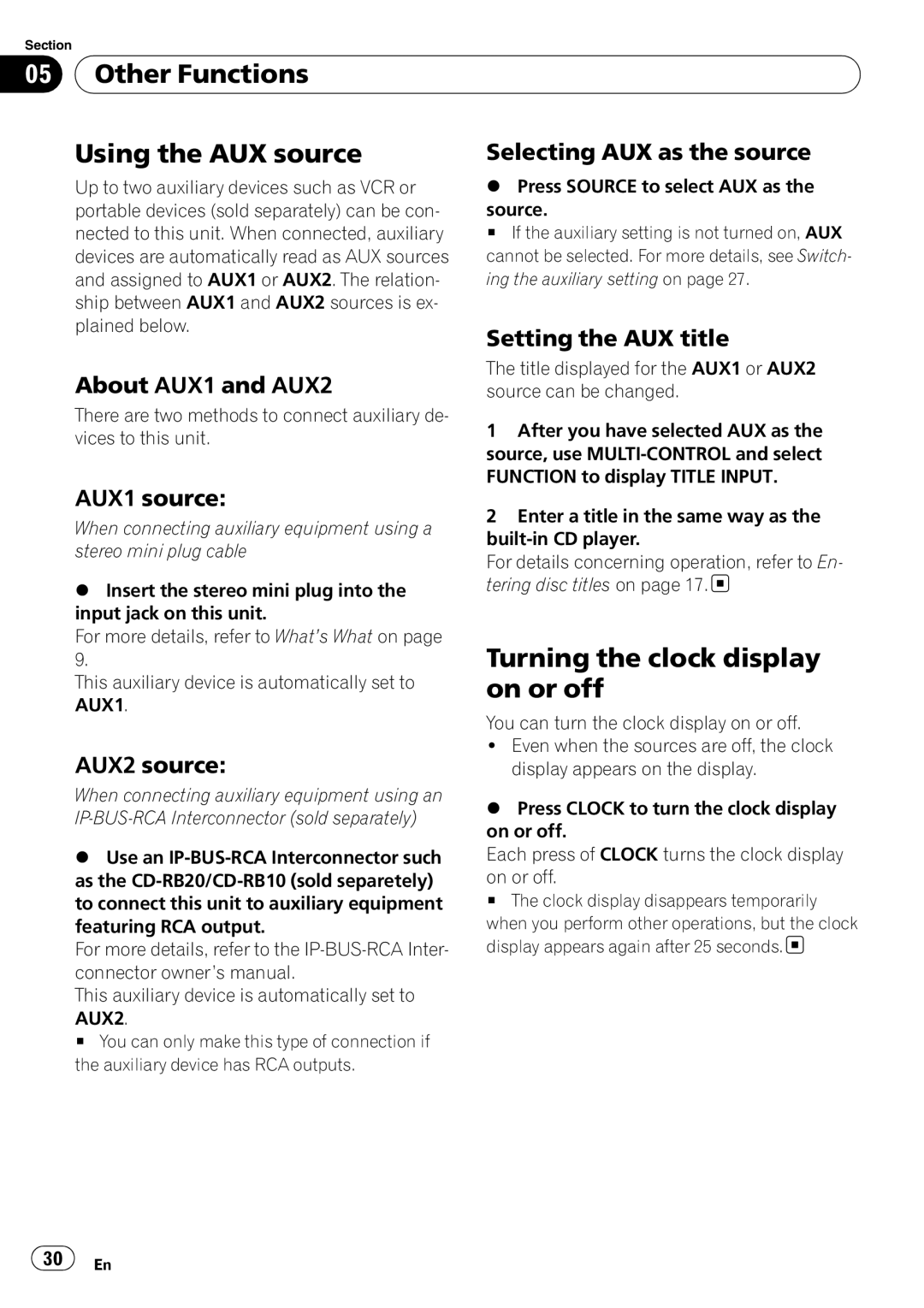 Pioneer P4000UB operation manual Other Functions Using the AUX source, Turning the clock display on or off 
