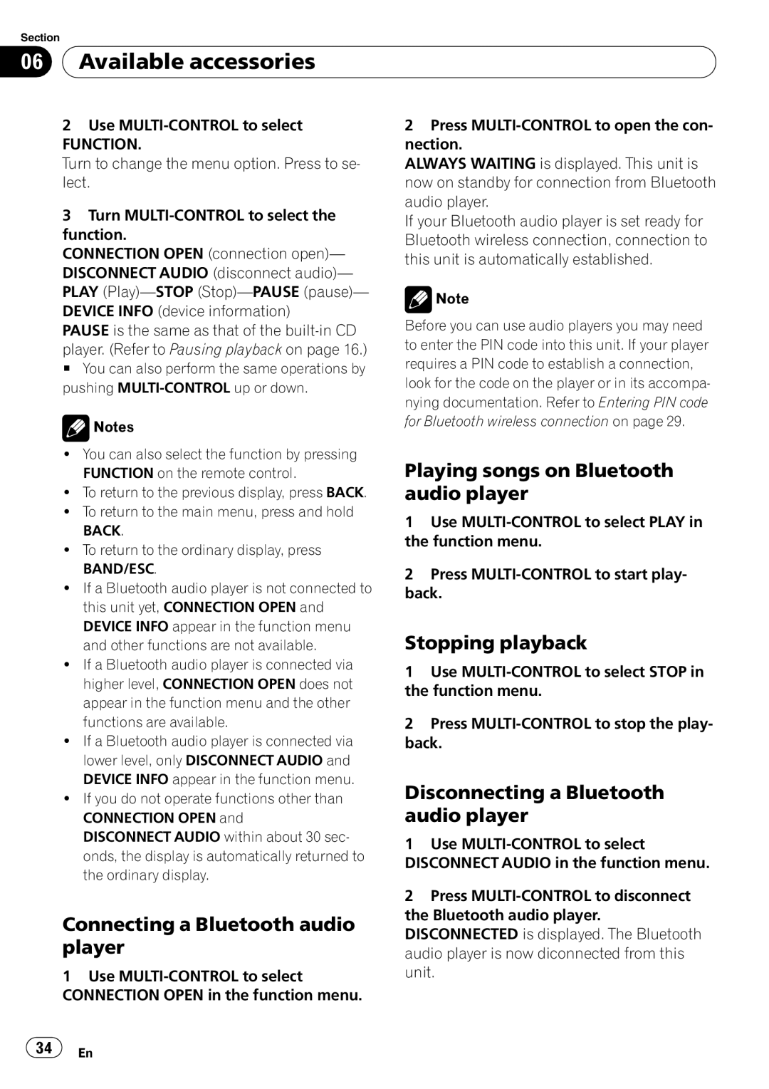 Pioneer P4000UB Connecting a Bluetooth audio player, Playing songs on Bluetooth audio player, Stopping playback 