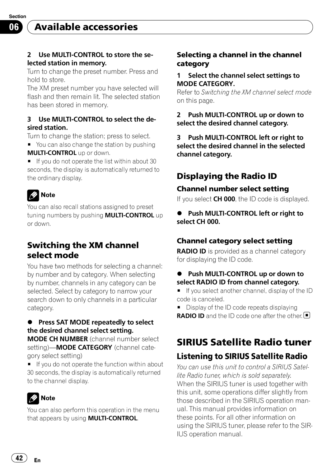 Pioneer P4000UB Sirius Satellite Radio tuner, Switching the XM channel select mode, Displaying the Radio ID 