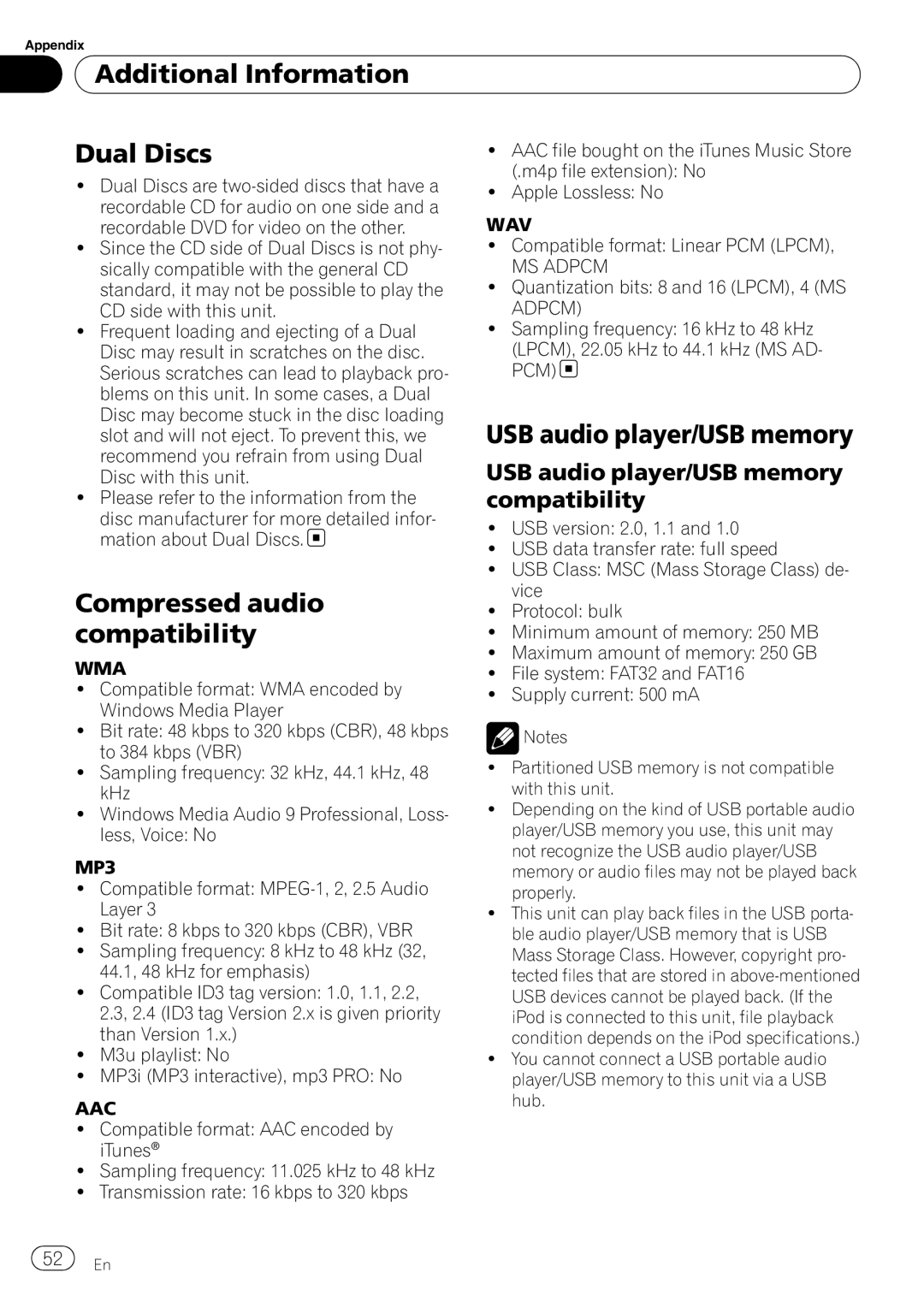 Pioneer P4000UB Additional Information Dual Discs, USB audio player/USB memory, Compressed audio, Compatibility 