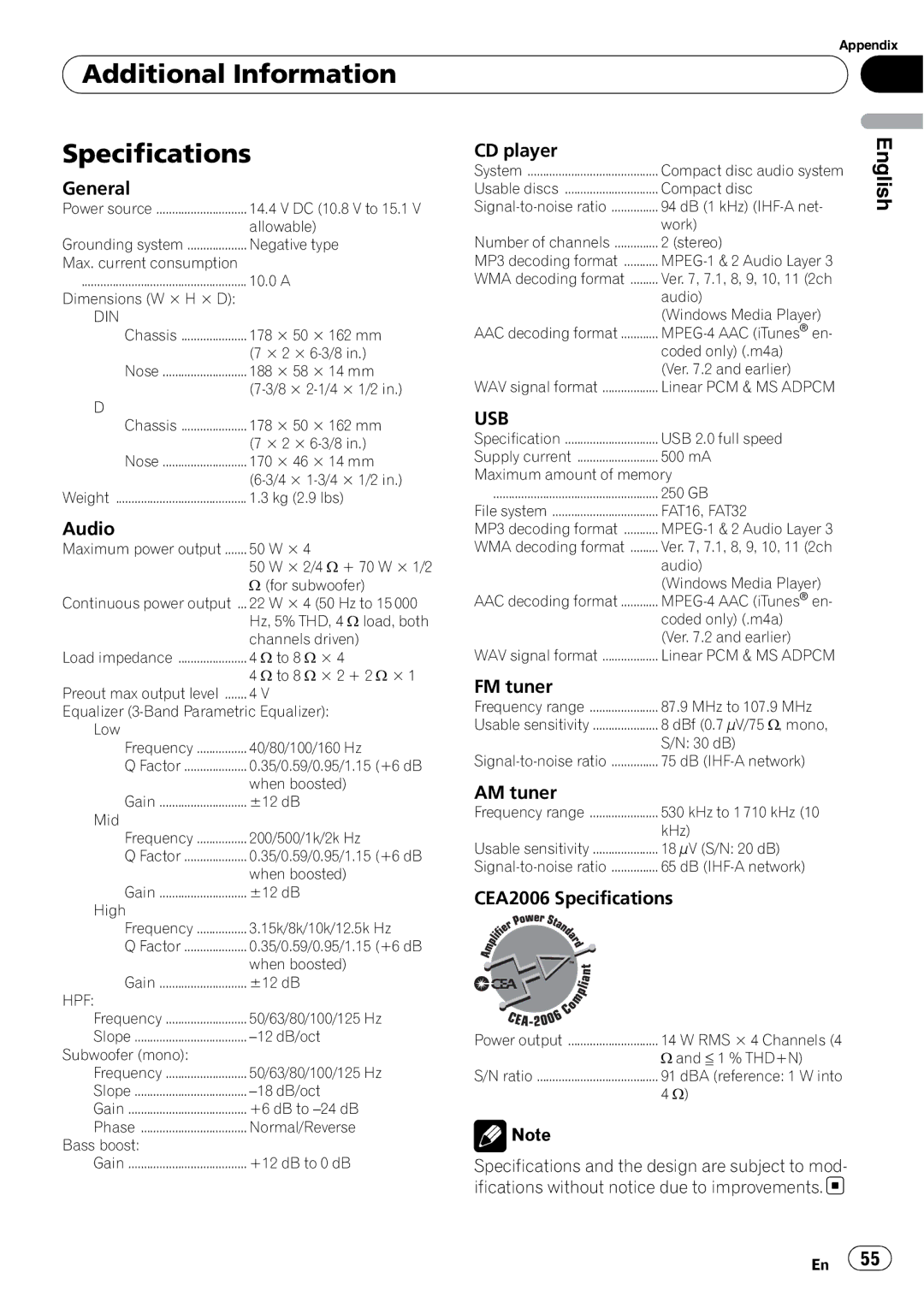 Pioneer P4000UB operation manual Additional Information Specifications, Usb 