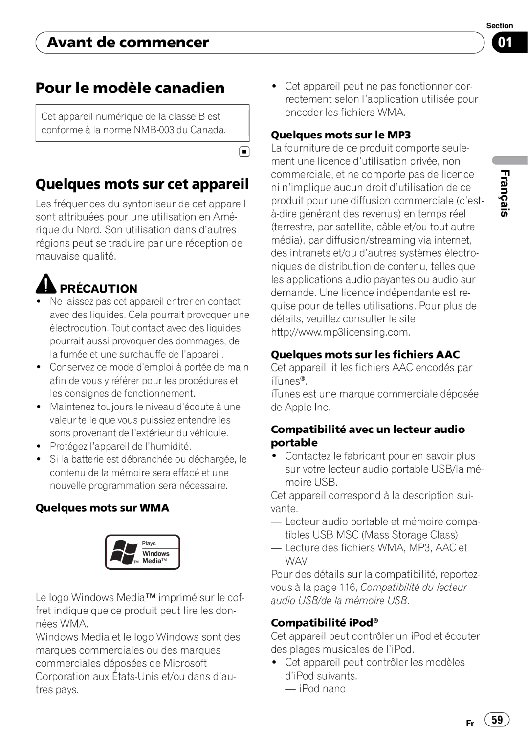 Pioneer P4000UB operation manual Avant de commencer Pour le modèle canadien, Quelques mots sur cet appareil 