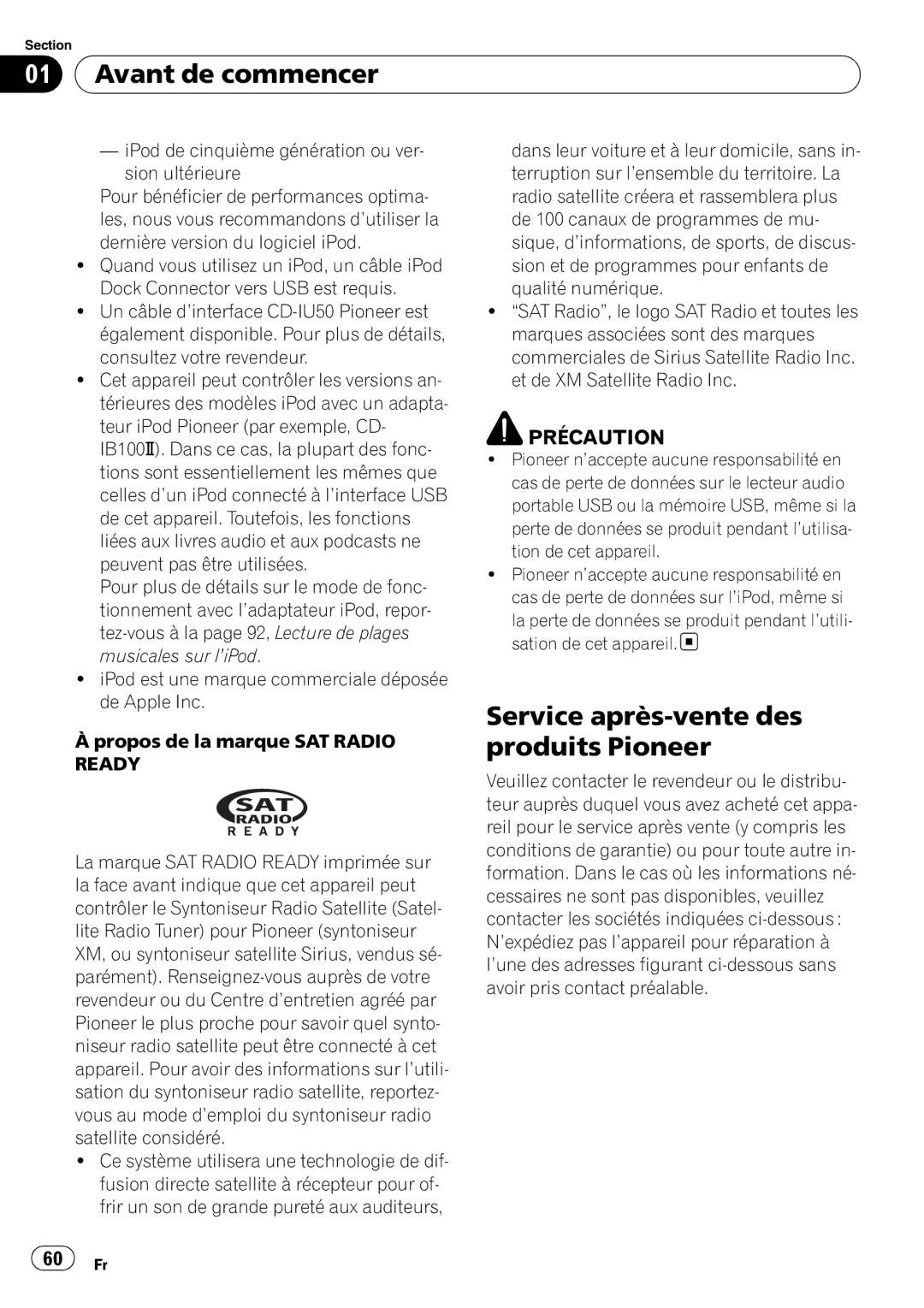 Pioneer P4000UB operation manual Avant de commencer, Service après-vente des produits Pioneer 