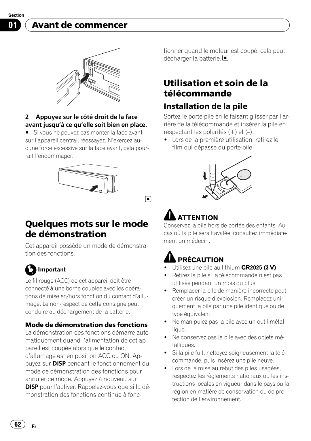 Pioneer P4000UB operation manual Quelques mots sur le mode de démonstration, Utilisation et soin de la télécommande 