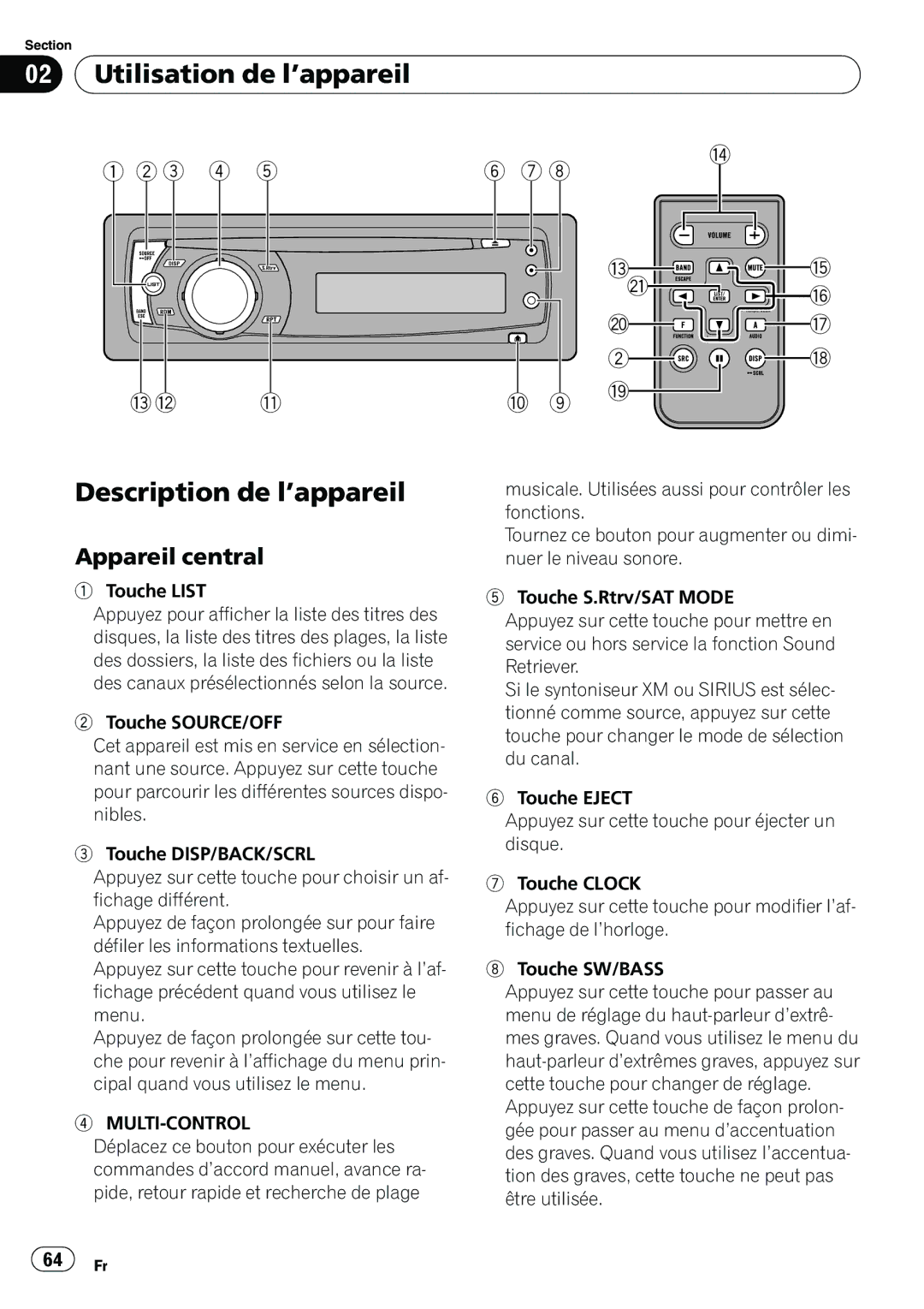 Pioneer P4000UB operation manual Utilisation de l’appareil, Description de l’appareil, Appareil central, Touche List 