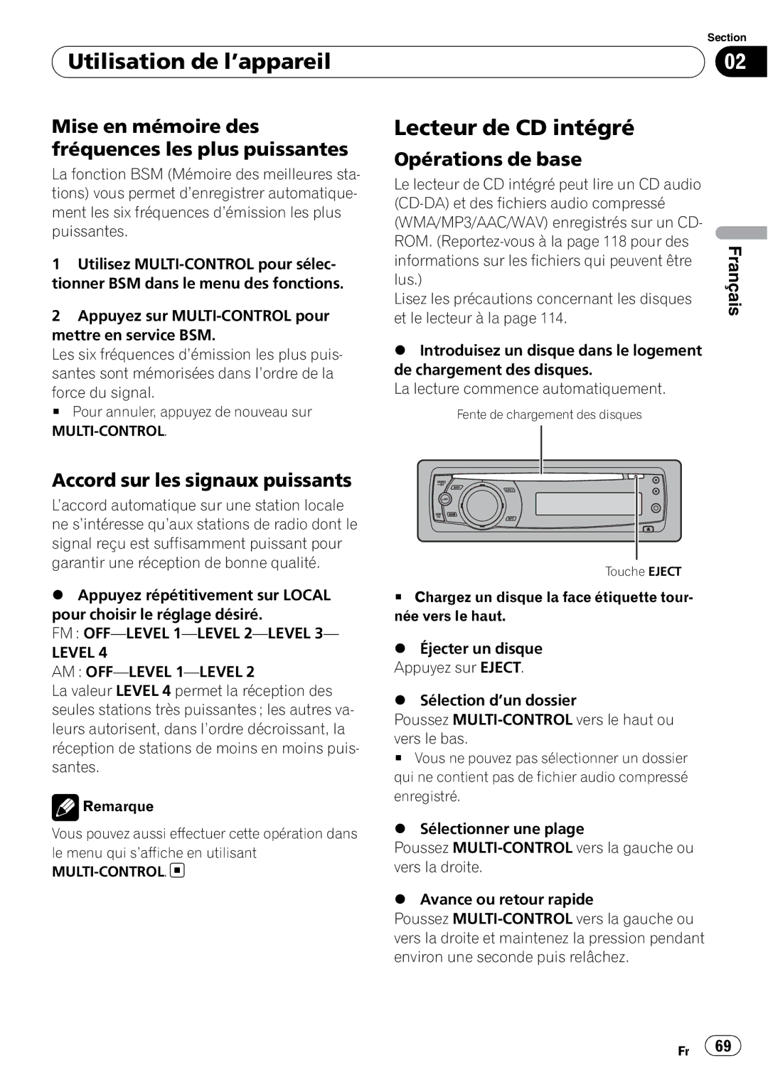 Pioneer P4000UB operation manual Lecteur de CD intégré, Mise en mémoire des fréquences les plus puissantes 