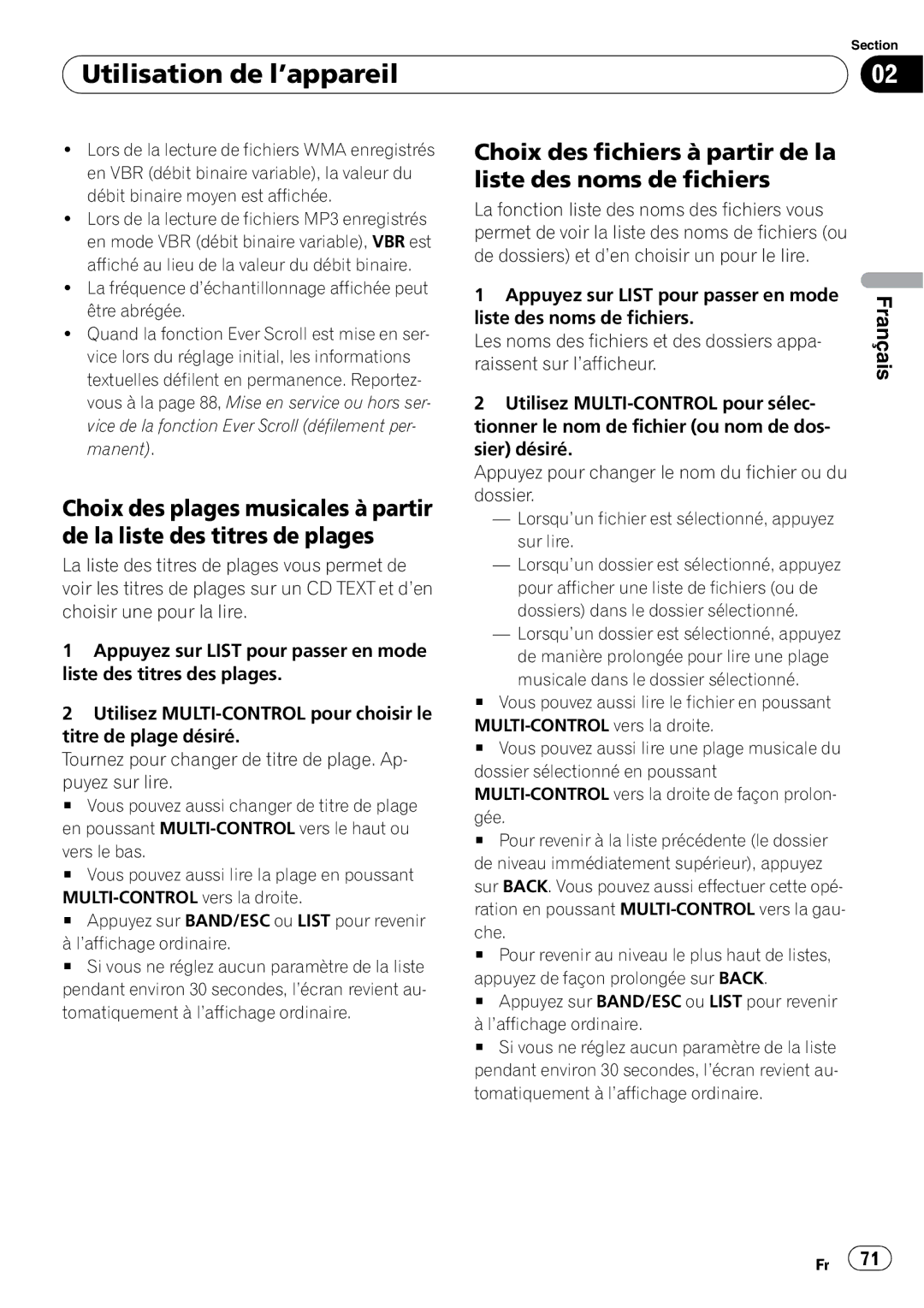 Pioneer P4000UB operation manual Choix des fichiers à partir de la liste des noms de fichiers 