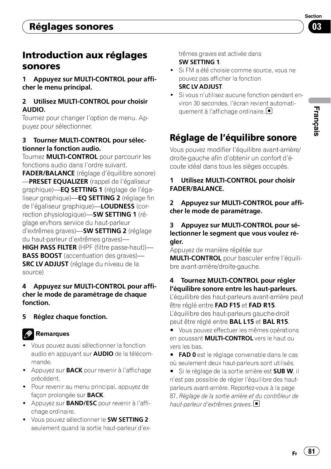 Pioneer P4000UB operation manual Réglages sonores Introduction aux réglages sonores, Réglage de l’équilibre sonore, Audio 