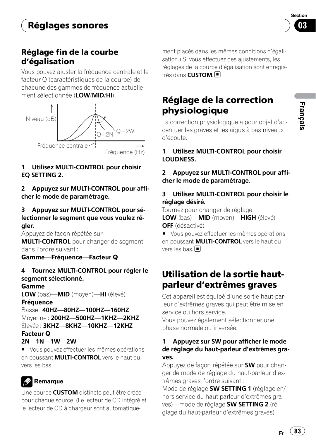 Pioneer P4000UB Réglages sonores, Réglage de la correction physiologique, Réglage fin de la courbe d’égalisation 