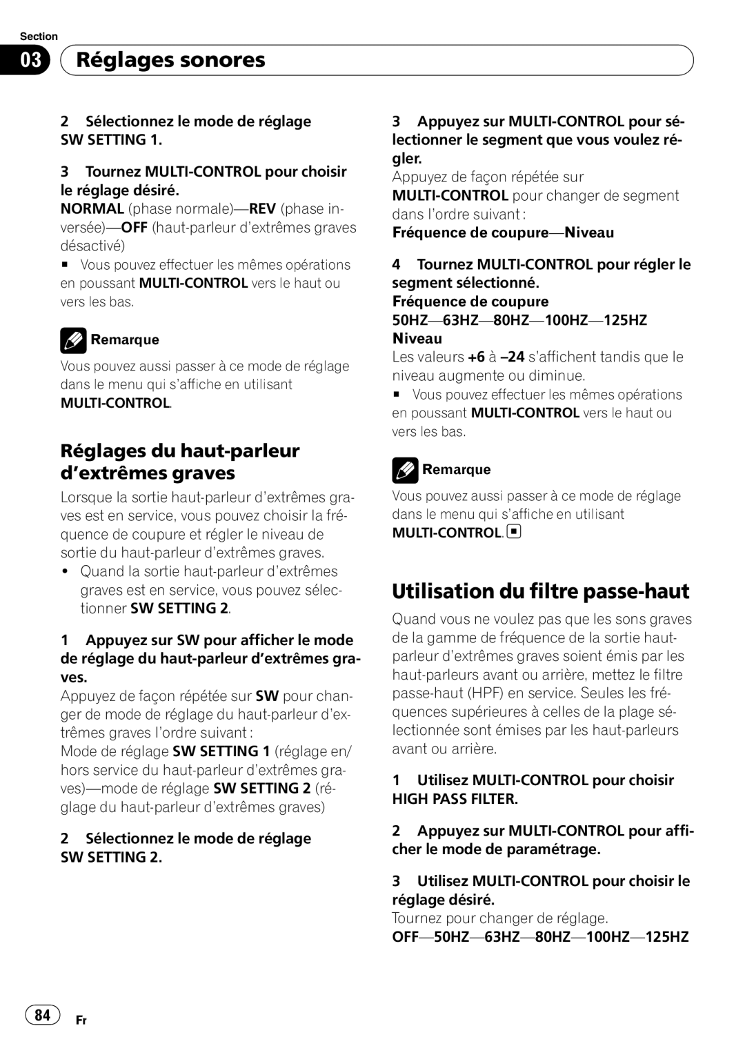 Pioneer P4000UB 03 Réglages sonores, Utilisation du filtre passe-haut, Réglages du haut-parleur d’extrêmes graves 