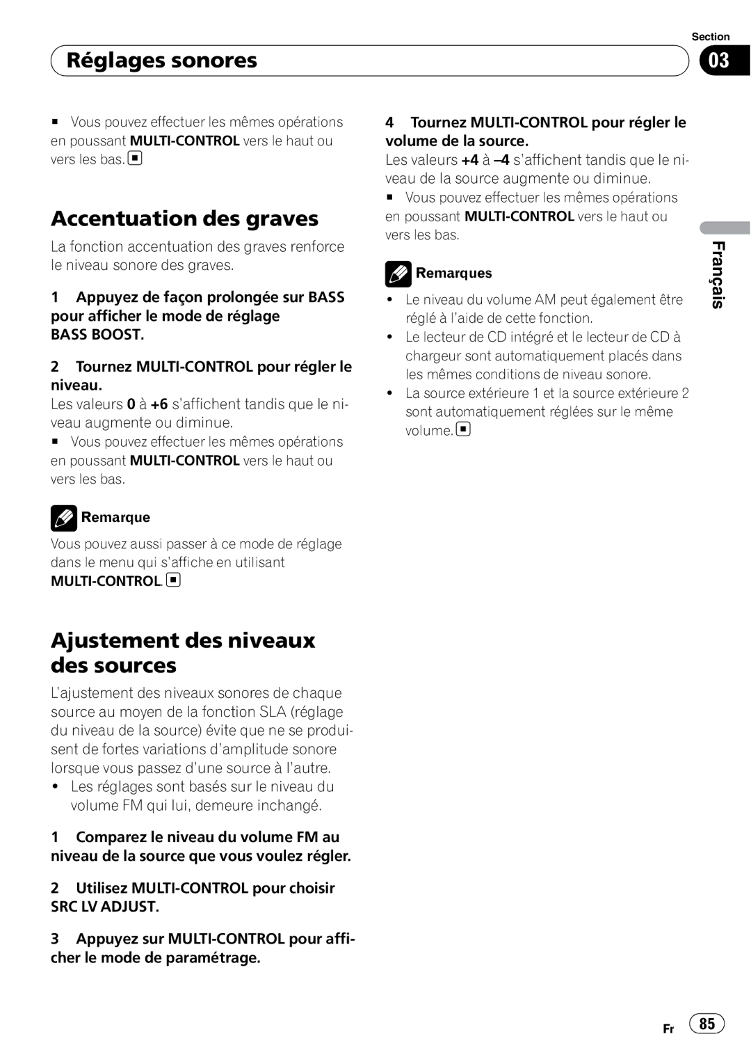 Pioneer P4000UB operation manual Accentuation des graves, Ajustement des niveaux des sources, Bass Boost 