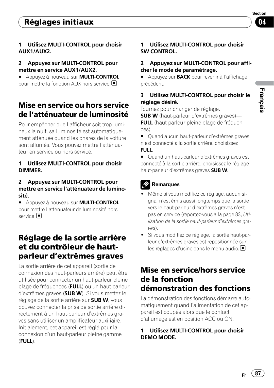 Pioneer P4000UB operation manual Réglages initiaux, Dimmer, Full 