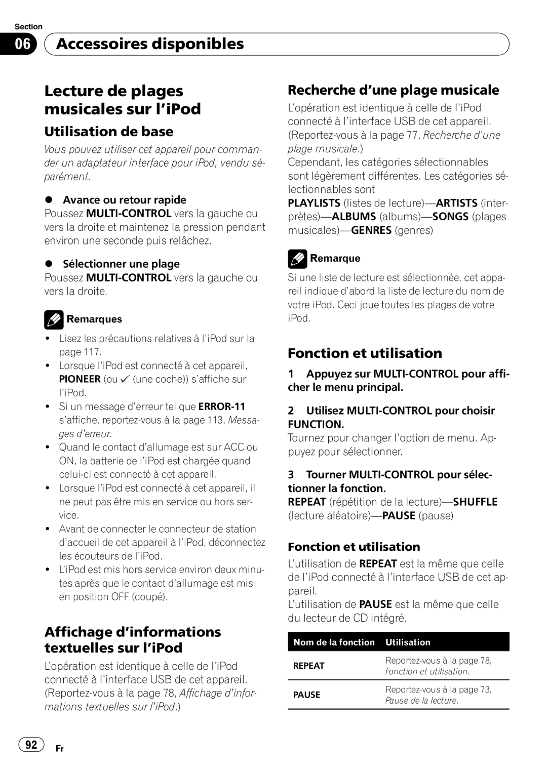 Pioneer P4000UB operation manual Accessoires disponibles Lecture de plages, Musicales sur l’iPod, Fonction et utilisation 